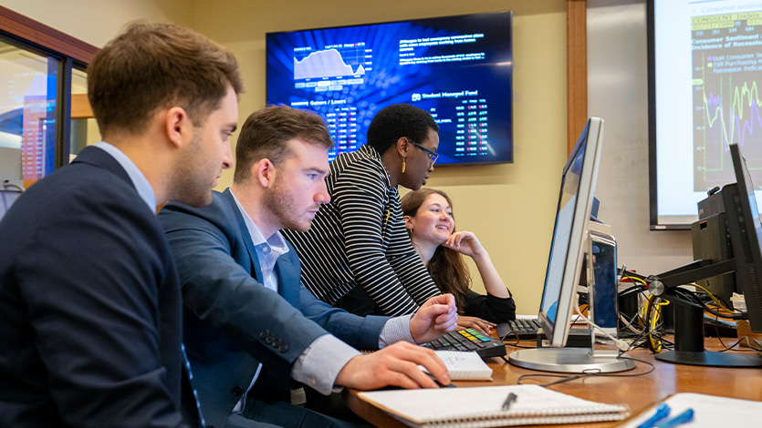 An image of students in the investment center. 