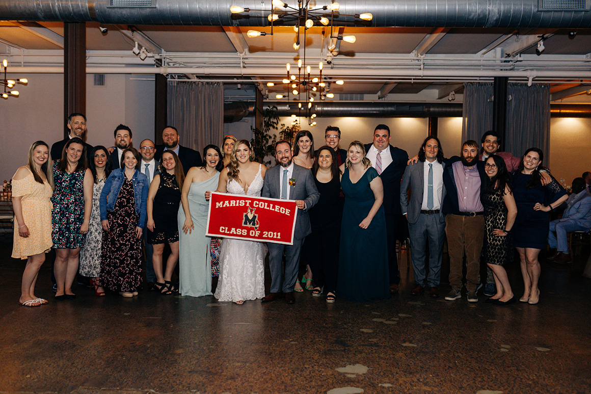 An image from the wedding of Carly Marshiano, Marist Class of 2011, and Andrew Campion, Marist Classes of 2011 and 2019MA in April 2022 at the Senate Garage in Kingston, NY.