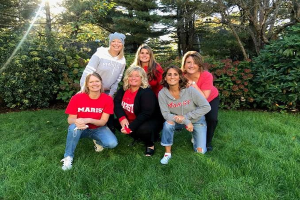 Six members of the Class of 1990 got together in 2020: Kathleen (Eagen) Blonski, Dawn (Aiello) Bongiovanni, Melissa (Reilly) Ellard, (front row, left to right) Betty Ann (Hagenah) Bucchino, Charlotte (Howard) Lazor, and Michelle Salerno.