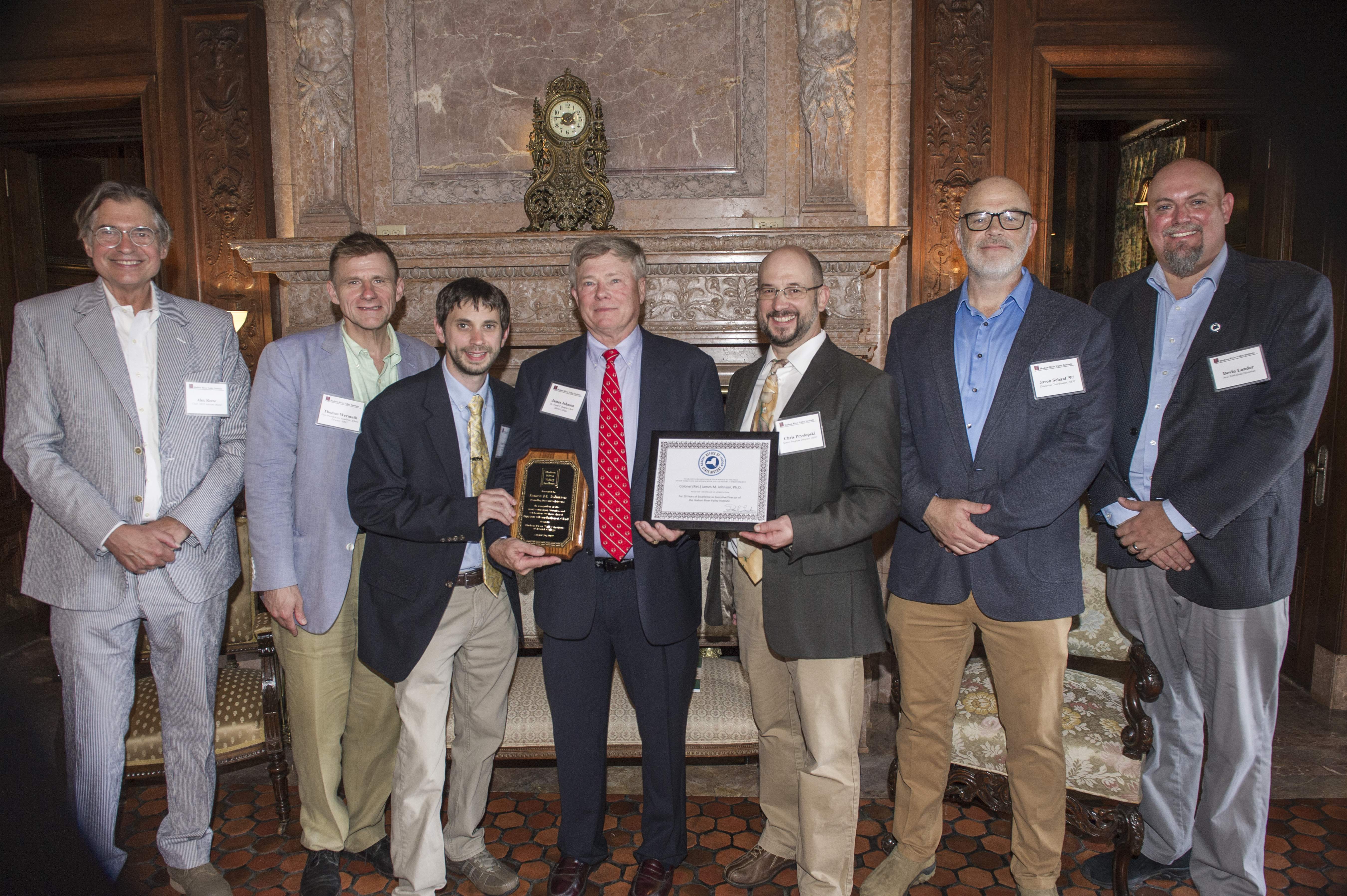 Left to right are Alex Reese, chair of the HRVI Advisory Board; Dr. Thomas Wermuth ’84, HRVI director; Andy Villani, executive director; Col. (Ret.) James M. Johnson, Dr. Frank T. Bumpus Chair in Hudson River Valley History; Christopher Pryslopski, HRVI senior program director; Jason Schaaf, HRVI education coordinator; and Devin Lander, New York State Historian. Photo: Al Nowak/On Location Studios.