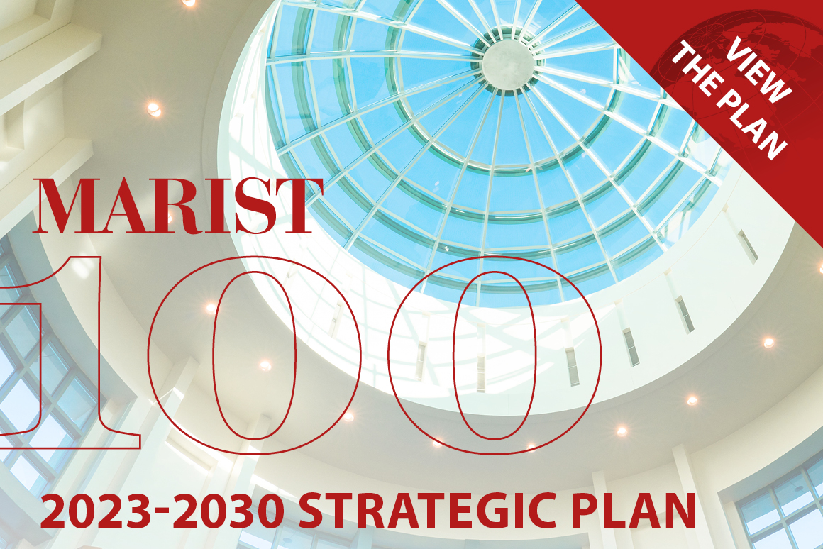 Marist 100 (2023 - 2030 Strategic Plan) overlayed on a picture of the Marist Rotunda