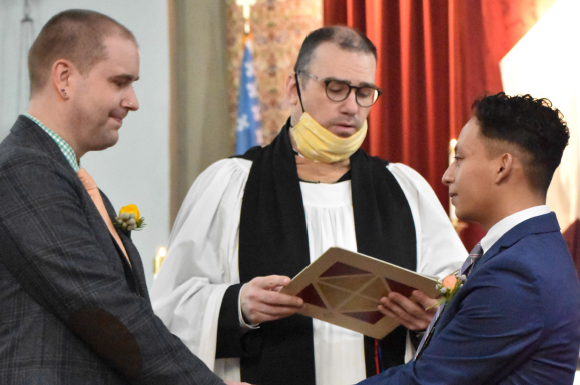 This is a photo of Benjamin Brenkert '02 and Willian Hernandez on March 6, 2021, at St. Mark’s Episcopal Church in Jackson Heights, NY.