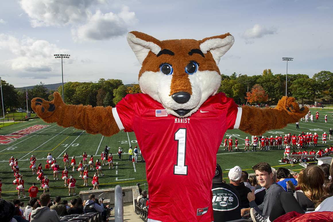 An image of Frankie The Red Fox at the 2021 Homecoming Weekend football game