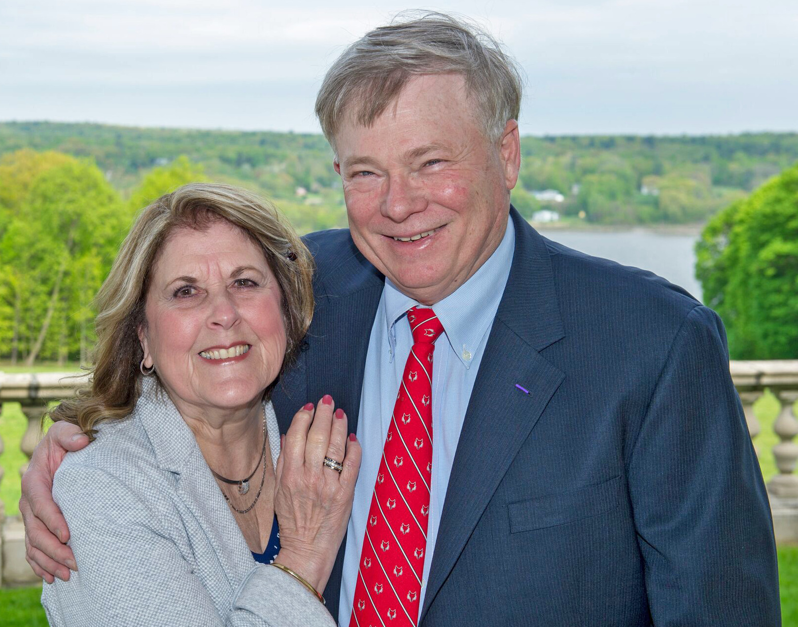 An image of HRVI staff, supporters, friends, and intern alumni who gathered Aug. 20 at Marist’s historic Colonel Oliver Hazard Payne Mansion to mark the 20th anniversary of the institute and honor the retirement of Col. (Ret.) James M. Johnson, the institute’s founding executive director and Dr. Frank T. Bumpus Chair in Hudson River Valley History. Jim is shown with his wife, Lois.