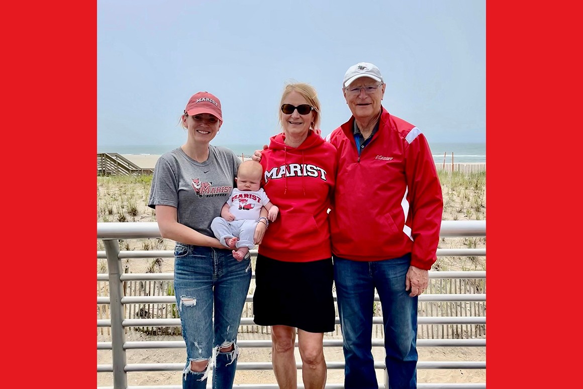 Shown is an image of Gerald Peterson ’69 and his family. He writes that a visit with family on Long Island this past spring brought an opportunity to wear some Red Fox gear and take a Marist legacy graduates family photo. Left to right are Nicole O'Loughlin Nicolaisen ’13, holding Liam Nicolaisen; Lisa Peterson Nicolaisen ’05MA; and Jerry Peterson ’69. Jerry reports that at three months old, Liam measures 2 feet. “His father is 6'4