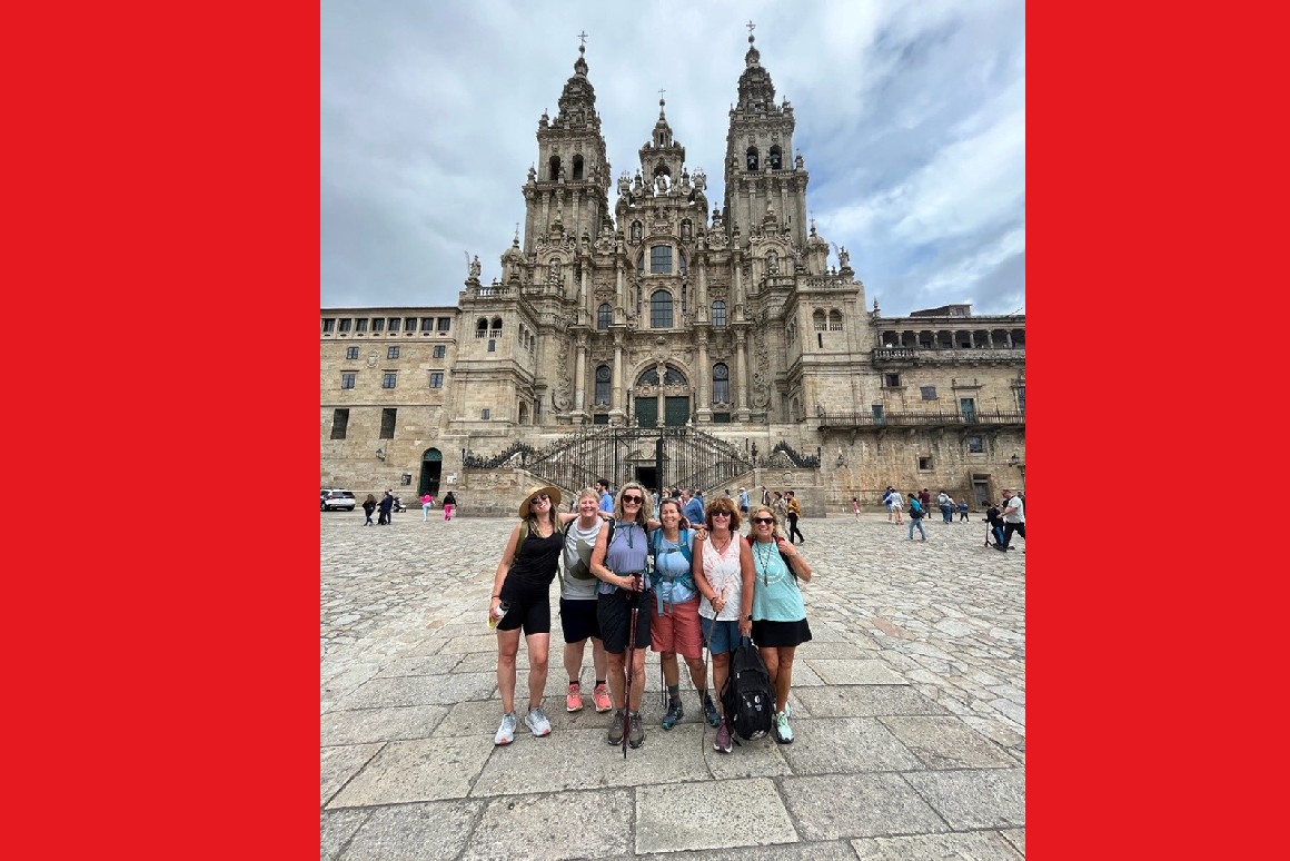 An image of Terri (Theresa) Tobin ’83, Alison Demarest Corcoran ’84, Adrienne Ryan Pinto ’84, and Karyn Magdalen O’Donnell ’84, along with Kelly Corcoran Hilden and  Nancy Cotty, on June 28, 2022, as they began their six-day journey on the Camino Portuguese from Tui, Spain, to Santiago, Spain— “an incredible journey and experience, walking 80.8 miles.”