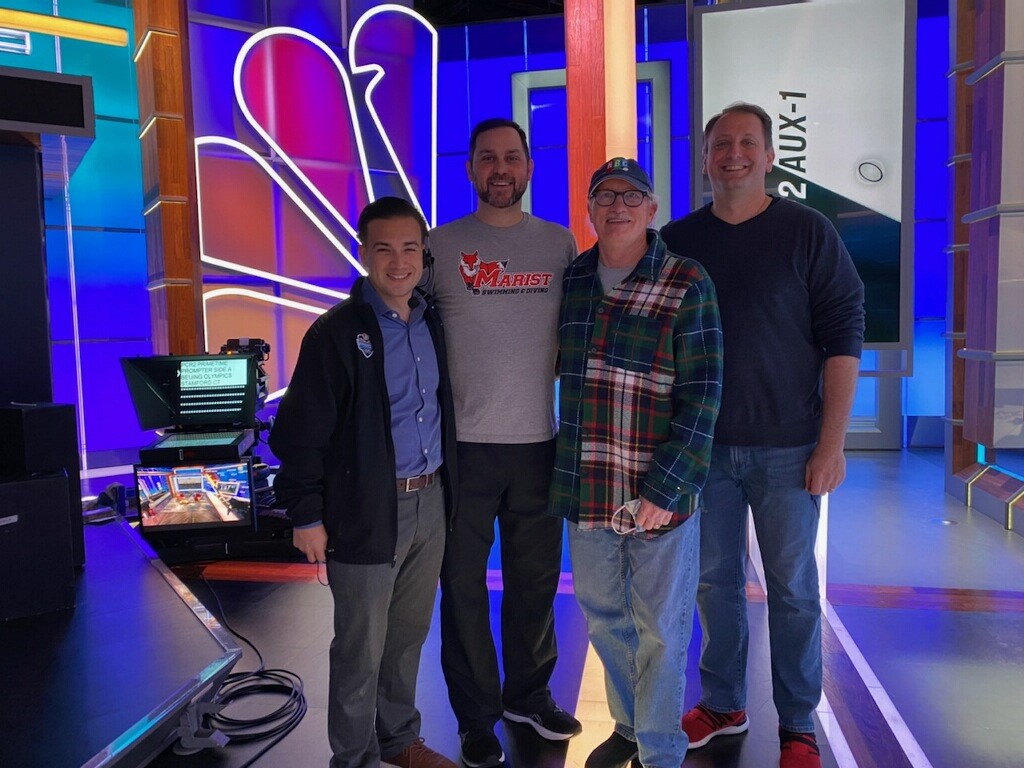 An image of Marist alumni Todd Bivona ’07, CJ Bottitta ’93, John Gilmartin ’75, and Kaare Numme ’00