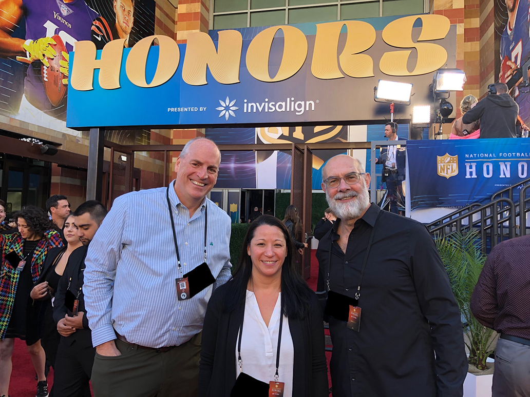 An image of Dave Shaw ’80 (left) and colleagues Jessica Lee and Adam Acone who were part of the NFL Media team producing 85 hours of content around Super Bowl LVII, along with plenty of other content. Dave is head of media operations for NFL Media.