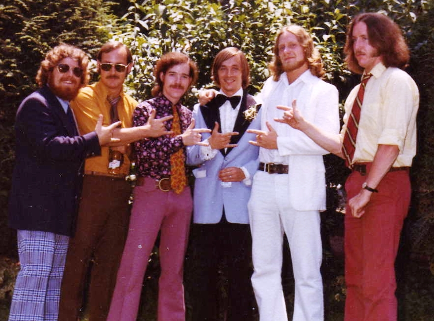 An image of the band Sutton Ho in the 1970s which consisted of (left to right) vocalist Bob Coffin ’73, soundman Corey Dwyer, bassist Tom Meehan ’74, keyboardist George Dawson ’71, drummer John Kaefer ’73, and guitarist Kevin Dwyer ’72. 